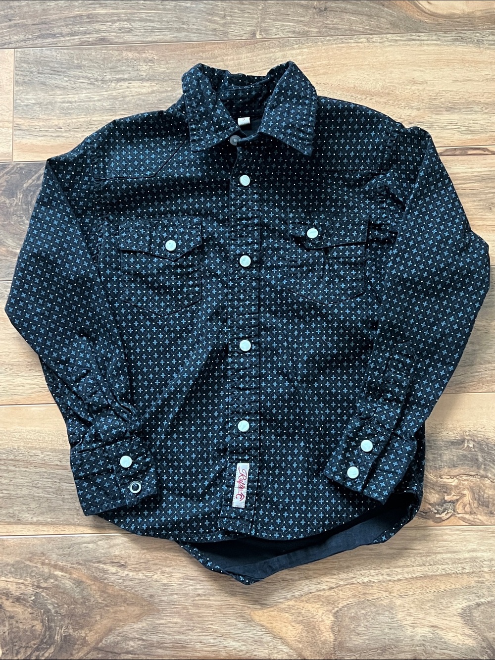 Rafter C Boys Western Pearl Snap Shirt Sz Small Black Gray Geometric Long Sleeve